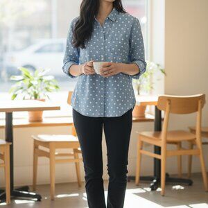 Tommy Hilfiger Womens Blue Polka Dot Button-Up Shirt Size M